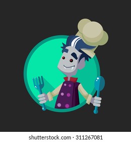 Round flat vector icon with vampire cook and Halloween kitchenware