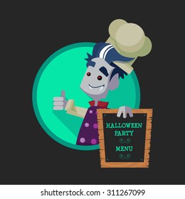 Round flat vector icon with vampire cook and Halloween kitchenware