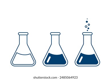 Matraz químico redondo de fondo plano con solución. Cristalería de laboratorio para análisis, investigación. Reacción química. Ilustración sobre el tema de química, biología, biotecnología.