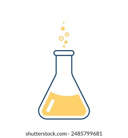 Matraz químico redondo de fondo plano con solución. Cristalería de laboratorio para análisis, investigación. Reacción química. Ilustración sobre el tema de química, biología, biotecnología.