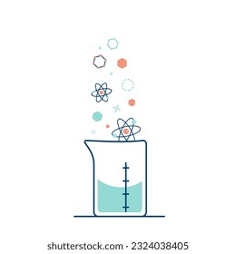 Round and flat-bottomed flasks, test tubes with solutions and reagents. Chemical reaction.