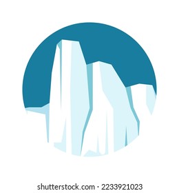 Round floating iceberg, drifting arctic glacier, block of frozen ocean water. Icy mountains with snow. Melting ice peak. Antarctic snowy landscape. South and North Pole. Vector illustration