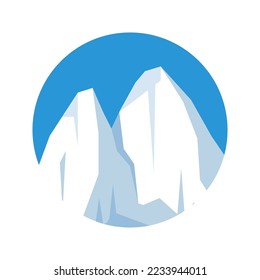 Round floating iceberg, drifting arctic glacier, block of frozen ocean water. Icy mountains with snow. Melting ice peak. Antarctic snowy landscape. South and North Pole. Vector illustration