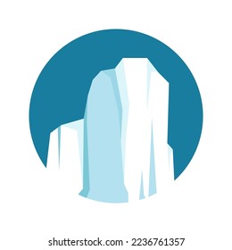 Round floating iceberg, drifting arctic glacier, block of frozen ocean water. Icy mountains with snow. Melting ice peak. Antarctic snowy landscape. South and North Pole. Vector illustration