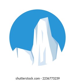 Round floating iceberg, drifting arctic glacier, block of frozen ocean water. Icy mountains with snow. Melting ice peak. Antarctic snowy landscape. South and North Pole. Vector illustration