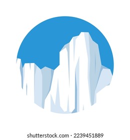 Round floating iceberg, drifting arctic glacier, block of frozen ocean water. Icy mountains with snow. Melting ice peak. Antarctic snowy landscape. South and North Pole. Vector illustration