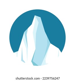 Round floating iceberg, drifting arctic glacier, block of frozen ocean water. Icy mountains with snow. Melting ice peak. Antarctic snowy landscape. South and North Pole. Vector illustration