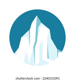Round floating iceberg, drifting arctic glacier, block of frozen ocean water. Icy mountains with snow. Melting ice peak. Antarctic snowy landscape. South and North Pole. Vector illustration