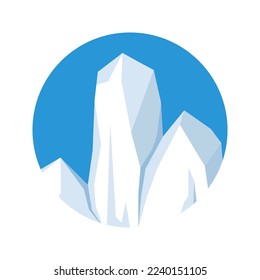 Round floating iceberg, drifting arctic glacier, block of frozen ocean water. Icy mountains with snow. Melting ice peak. Antarctic snowy landscape. South and North Pole. Vector illustration