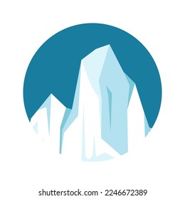 Round floating iceberg, drifting arctic glacier, block of frozen ocean water. Icy mountains with snow. Melting ice peak. Antarctic snowy landscape. South and North Pole. Vector illustration