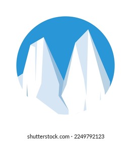 Round floating iceberg, drifting arctic glacier, block of frozen ocean water. Icy mountains with snow. Melting ice peak. Antarctic snowy landscape. South and North Pole. Vector illustration