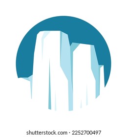 Round floating iceberg, drifting arctic glacier, block of frozen ocean water. Icy mountains with snow. Melting ice peak. Antarctic snowy landscape. South and North Pole. Vector illustration