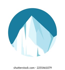 Round floating iceberg, drifting arctic glacier, block of frozen ocean water. Icy mountains with snow. Melting ice peak. Antarctic snowy landscape. South and North Pole. Vector illustration