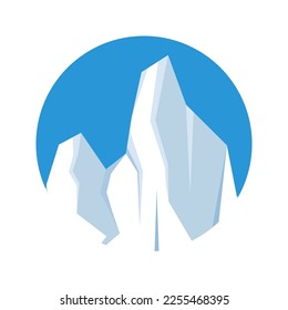 Round floating iceberg, drifting arctic glacier, block of frozen ocean water. Icy mountains with snow. Melting ice peak. Antarctic snowy landscape. South and North Pole. Vector illustration