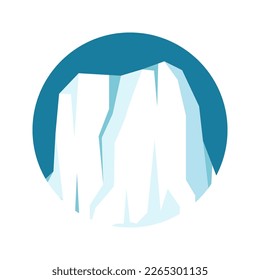 Round floating iceberg, drifting arctic glacier, block of frozen ocean water. Icy mountains with snow. Melting ice peak. Antarctic snowy landscape. South and North Pole. Vector illustration