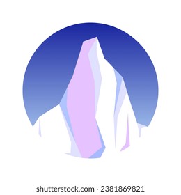 Round floating iceberg, drifting arctic glacier, block of frozen ocean water. Icy mountains with snow. Melting ice peak. Antarctic snowy landscape. South and North Pole. Vector illustration