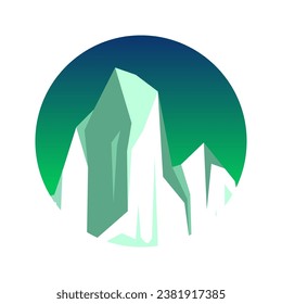 Round floating iceberg, drifting arctic glacier, block of frozen ocean water. Icy mountains with snow. Melting ice peak. Antarctic snowy landscape. South and North Pole. Vector illustration