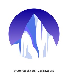 Round floating iceberg, drifting arctic glacier, block of frozen ocean water. Icy mountains with snow. Melting ice peak. Antarctic snowy landscape. South and North Pole. Vector illustration