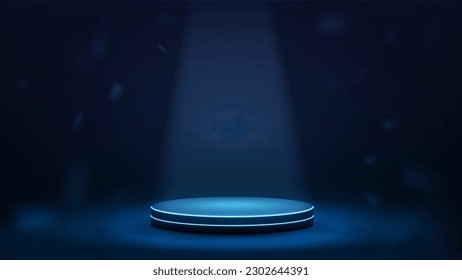 Round floating podium on a dark blue background with lighting.