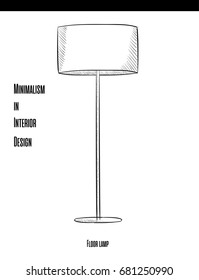 Round floor lamp on a long leg in a contour on a white background. Minimalism in Interior Design eps 10 illustration