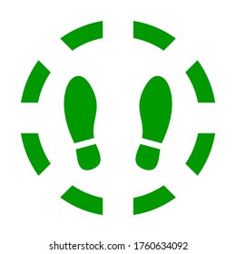 Round Floor Marking Adhesive Sticker Icon with Shoeprints or Footprints for Queue Line or Other Purposes Requiring Social Distancing. Vector Image.