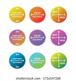 Round floor marking for social distancing, sign keep safe distance. Quarantine Corona virus, covid-19 warning, human figure icons, vector sticker, circle gradient illustration