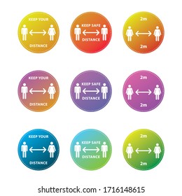 Round floor marking for social distancing, sign keep safe distance. Quarantine Corona virus, covid-19 warning, human figure icons, vector sticker, circle gradient illustration