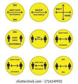 Round floor marking for social distancing, sign keep safe distance. Quarantine Corona virus, covid-19 warning, human figure icons, vector sticker, circle yellow illustration