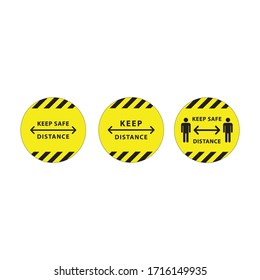 Round floor marking for social distancing, sign keep safe distance. Quarantine Corona virus, covid-19 warning, human figure icons, vector sticker, circle yellow illustration