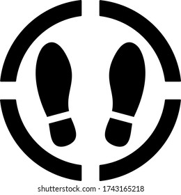 Round Floor Marking Stand Here Icon with Shoe Prints for Queue Line or Other Purposes Requiring Social Distancing. Vector Image.