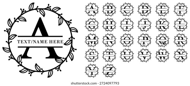 Conjunto de letras de monograma divididas de alfabeto floral redondo, Monogram Font Vector Design  