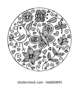 Round floral and animals ornament. Hand drawing illustration.