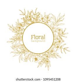 Round floral background, decorative frame or wreath consisted of wild blooming flowers and flowering meadow herbs drawn with contour lines on white background. Monochrome vector illustration