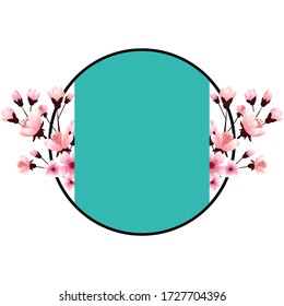 Round floral banner with cherry flowers, vector illustration.