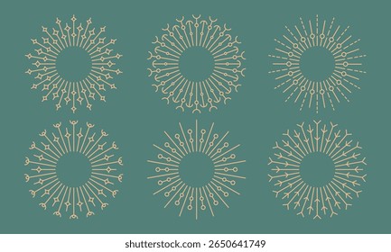 Round floral bohemian line rayses sun, dandelion shapes. Vintage radial sunburst golden logo, background vector designs.