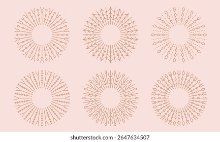 Round floral bohemian sun light, dandelion shapes. Vintage line sunburst, cute boho embroidery, firework vector illustrations.