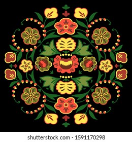 Round floral Boho style East European slavic traditional ethnic Russian, Ukrainian, Bulgarian, Czech, Romanian ornamental motif. Red, blue, green colors. Circle composition. Vector stock illustration.