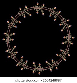 Round floral border or circular frame. Wreath of blooming branches. Vintage style. On black background.