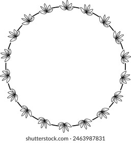 Round Floral Border Design. Elegant Circle Wreath Rustic Wedding Decoration. Simple Black Botanical Illustration. Retro Branch Leaf Logo. Nature Element