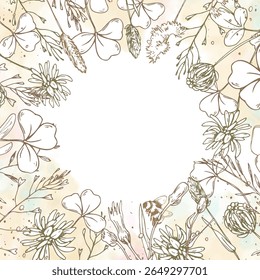 Round floral border frame with soft pastel watercolor splashes and botanical line art. Perfect for branding, organic product labels, wedding templates, and elegant nature-themed compositions.