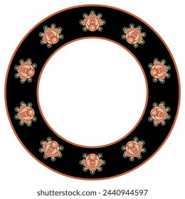 Round floral border with rosebuds. Folk style. Circular botanical frame with blooming flowers. Red roses on black background.