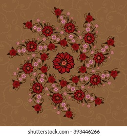 round floral card, red flowers on a brown background