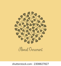 Round floral composition with branches and leaves. Design for label, invitation, card, poster. Vector illustration.