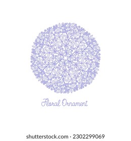 Round floral composition with flowers, branches and leaves. Design for label, invitation, card, poster. Linear graphic style. Vector illustration.