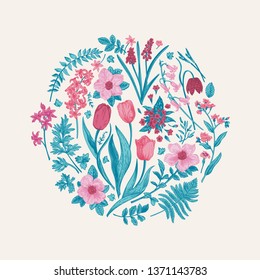 Round floral composition with spring flowers. Botanical illustration. Blue and pink plants.