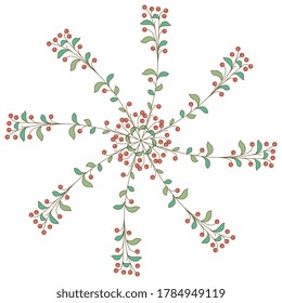 Round floral decor with branches of red berries. Folk style.
