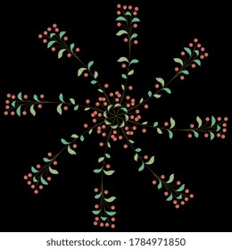 Round floral decor with branches of red berries. Folk style.