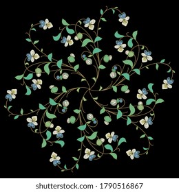 Round floral decor with branches of viola tricolor. Pansy wildflower botanical mandala.	