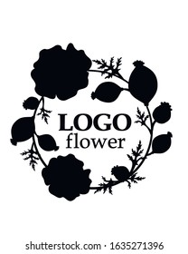 Round floral decor or frame, 
logo template. Wreath of poppy flowers. Black Hand drawn illustration isolated on white background.