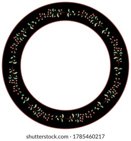 Round floral decor, frame or texture. Wreath of stylized branches with leaves and red berries in a ring. Folk style.
